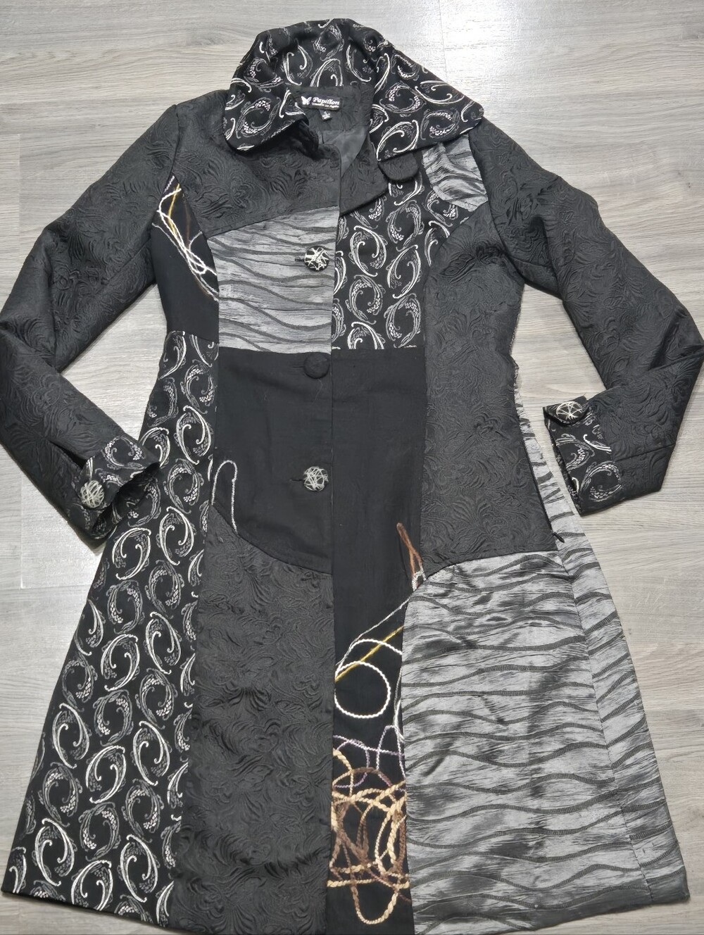 Papillon Womens Patchwork Black & Gray Long Dress Coat